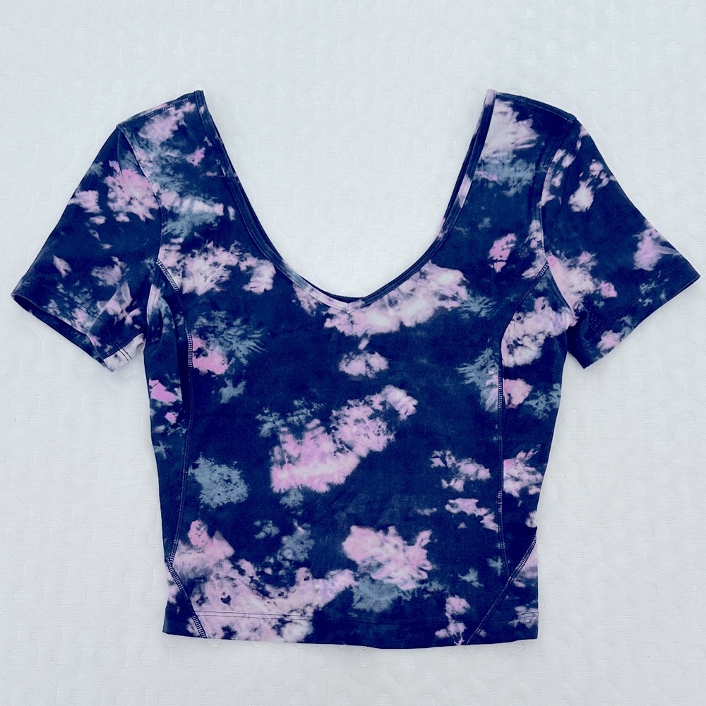 Lululemon Cropped Align Tee Size XS 4 Navy Blue Pink Marble Tie Dye Crop Shirt - Picture 1 of 3